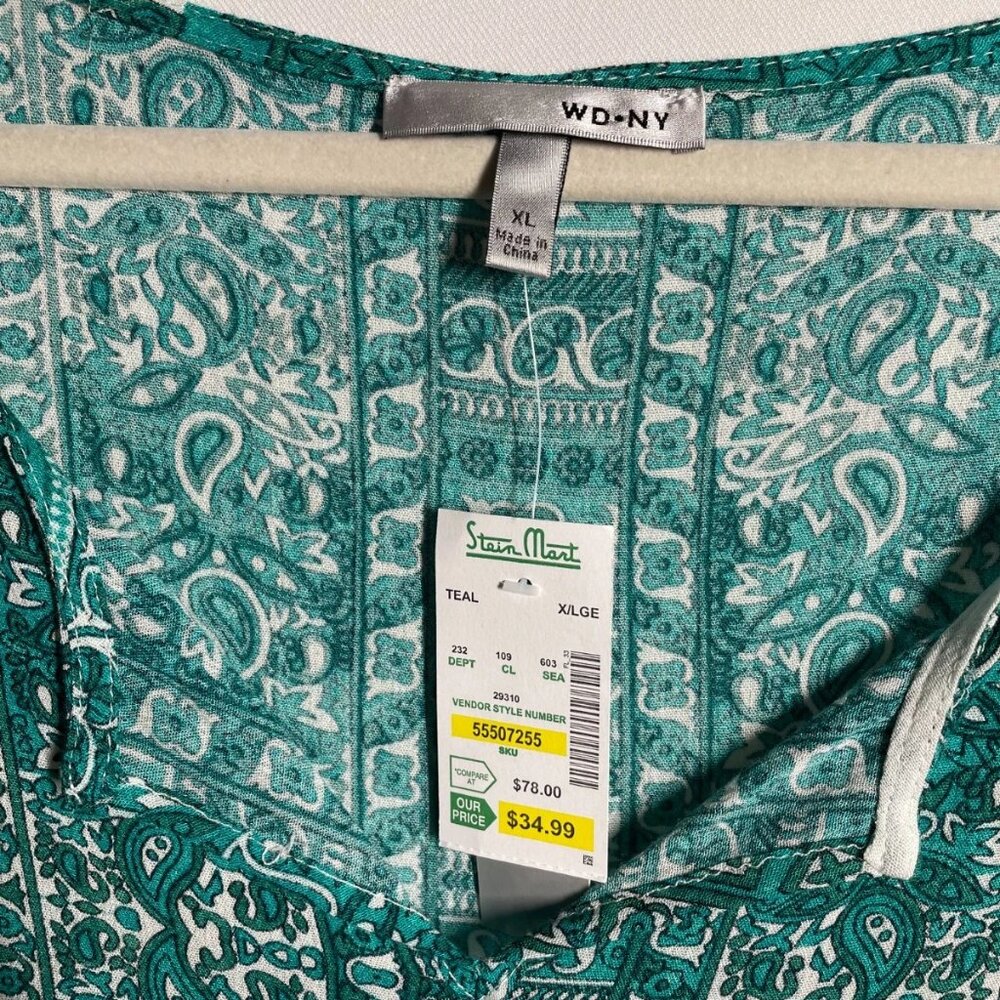 NWT Y2K WD-NY Womens Teal Green Paisley Bohemian Tunic Kaftan Top Size X-Large - Picture 3 of 8